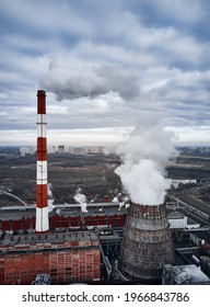 Smoking pipes of thermal power plant. Aerial view. Pipes of thermal power plant. heating of the city. heating season.
