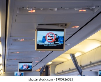 Smoking prohibited sign in a aircraft cabin, All Nippon Airways (ANA) Boeing 737-881 at New Chitose Airport in Hokkaido, Japan on Jan 27, 2019
