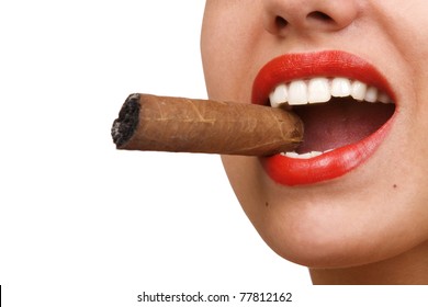Smoking woman, mouth with red lips biting a cigar, selective focus