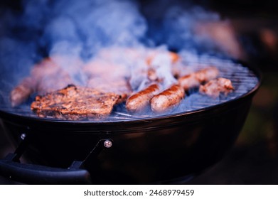 A smoky barbecue grill outdoors cooking a variety of meats, capturing the essence of summer - Powered by Shutterstock