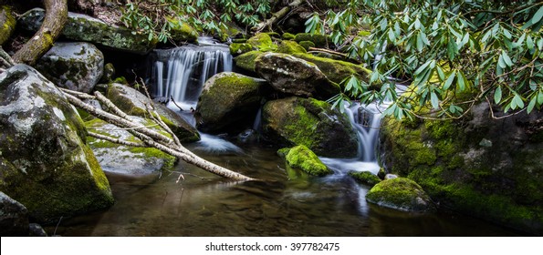 Smoky Mountain Waterfall Panorama. Double Waterfall In The Great Smoky Mountains National Park On The Little River Road In Panoramic Orientation. Gatlinburg, Tennessee.