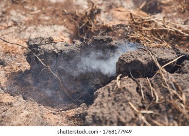 Smoldering Peat In The Ground Smoke Rises