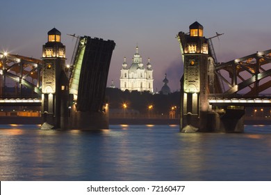 Smolny cathedral through open drawbridge. Bolsheohtinskiy bridge, St.Petersburg, Russia. - Powered by Shutterstock