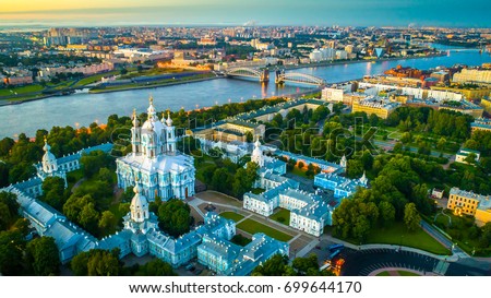 Smolny Cathedral with a view of Bolsheokhtinsky bridge. St. Petersburg view of the Neva River.