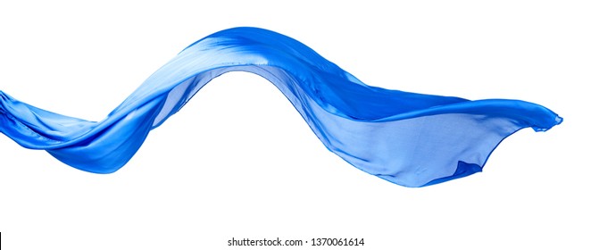 Smooth elegant blue transparent cloth isolated on white background. Texture of flying fabric.
