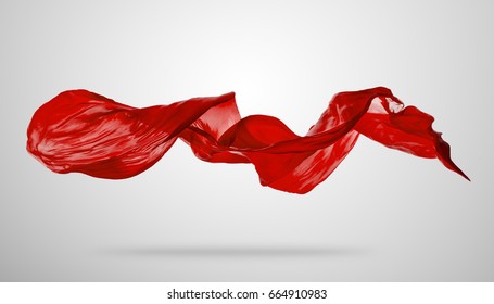 Smooth Elegant Red Transparent Cloth Separated On Grey Background. Texture Of Flying Fabric.