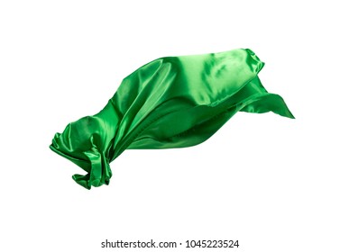 Smooth Elegant Transparent Green Cloth Isolated Or Separated On White Studio Background. Texture Of Flying Fabric.