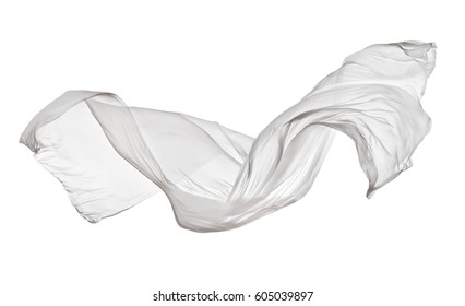 Smooth elegant white transparent cloth separated on white background. Texture of flying fabric.