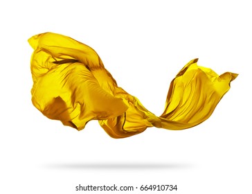 Smooth elegant yellow transparent cloth separated on white background. Texture of flying fabric.