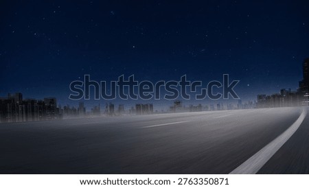 A smooth empty road leading toward a modern city skyline at night under a clear starry sky. Long exposure motion blur creates a dynamic perspective, with illuminated skyscrapers and urban architecture in the distance. Concept of speed, travel, and futuristic city life.