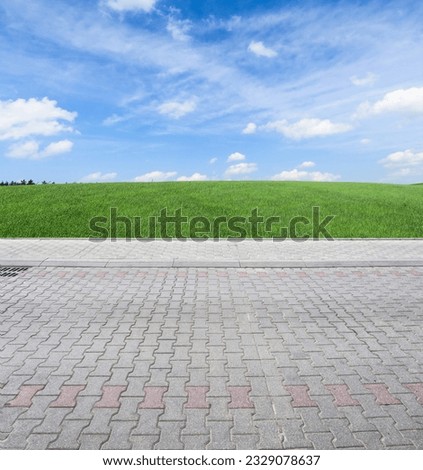 Smooth green grass, lawn against the background of a large blue sky. Wide view of the manicured lawn. Natural background of green grass in next to the tiled sidewalk.                       