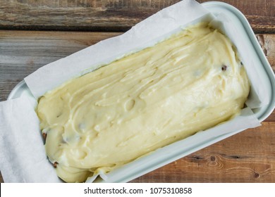 Smooth Sweet Dough With Ricotta For Cake In Baking Form With Parchment Paper, Top View.