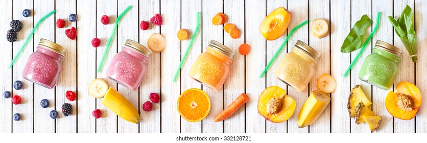 Smoothie Banner. Healthy Food Concept. Fresh Smoothies And Fresh Fruits.