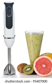 Smoothie And Fresh Fruits With Small Electric Blender