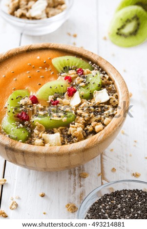 Similar – Smoothie with fruit,cereals and chia on white wooden table