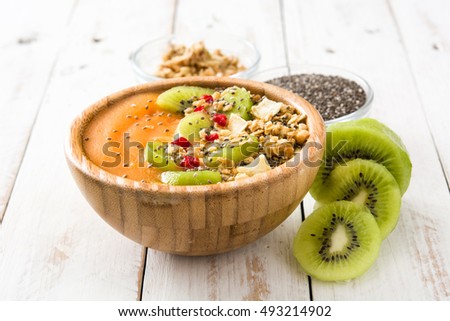 Similar – Smoothie with fruit,cereals and chia on white wooden table