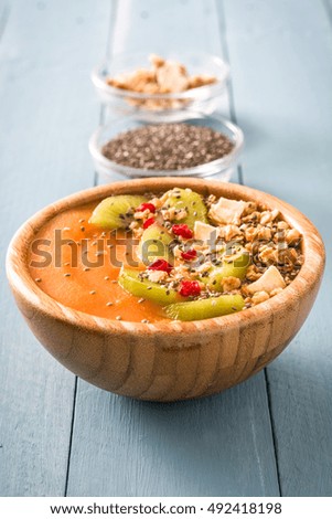 Similar – Smoothie with fruit,cereals and chia on white wooden table