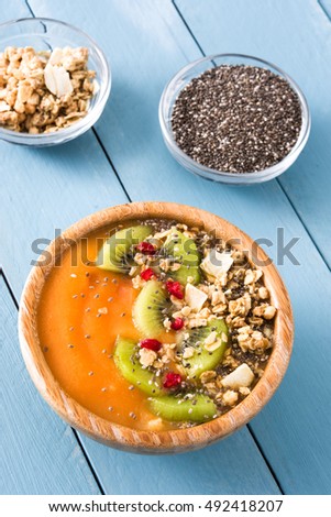 Similar – Smoothie with fruit,cereals and chia on white wooden table