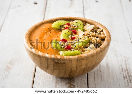 Similar – Smoothie with fruit,cereals and chia on white wooden table