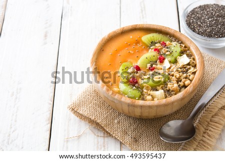 Similar – Smoothie with fruit,cereals and chia on white wooden table