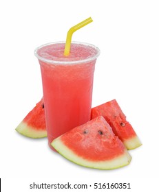 Smoothies Of Watermelon Juice In Plastic Cup.