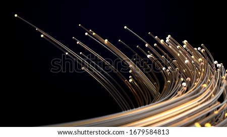 smoothly flowing particles swarm with glowing golden trails. warm and cold colors. Suitable for any technology, fantasy, abstract and energy themes. 3d illustration.