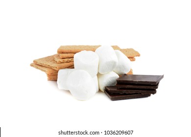 Smores Ingredients , Chocolate, Graham Crakers,marshmellows Isolated On White Background