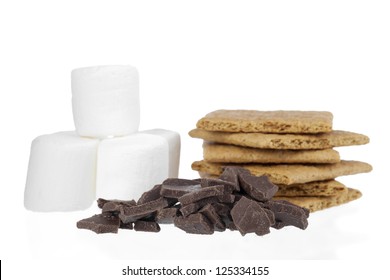 Smores Ingredients With Marshmallows, Graham Crackers And Chocolate Bars