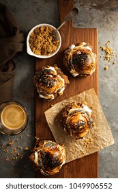 Smores Old Fashioned Fried Donut With Espresso Overhead View