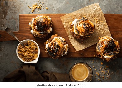 Smores Old Fashioned Fried Donut With Espresso Overhead View