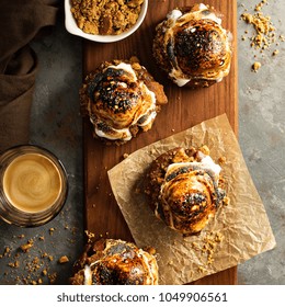 Smores Old Fashioned Fried Donut With Espresso Overhead View