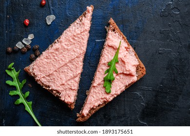 Smorrebrod Capelin Caviar Sandwich And Lightly Salted Salmon Seafood Pate Or Rillettes Fish Ready To Eat On The Table For Healthy Meal Snack Outdoor Top View Copy Space For Text Food Background Image 