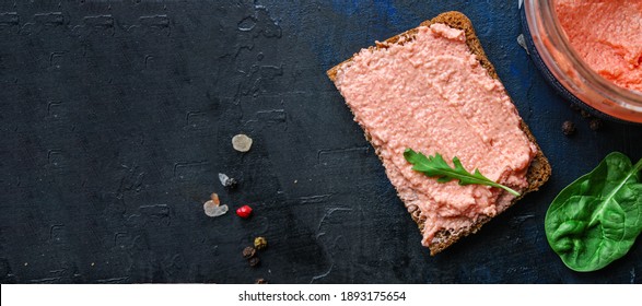 Smorrebrod Capelin Caviar Sandwich And Lightly Salted Salmon Seafood Pate Or Rillettes Fish Ready To Eat On The Table For Healthy Meal Snack Outdoor Top View Copy Space For Text Food Background Image 