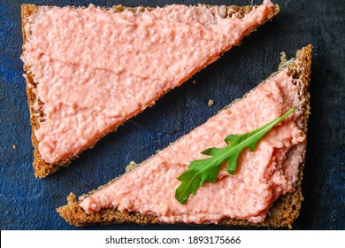 Smorrebrod Capelin Caviar Sandwich And Lightly Salted Salmon Seafood Pate Or Rillettes Fish Ready To Eat On The Table For Healthy Meal Snack Outdoor Top View Copy Space For Text Food Background Image 