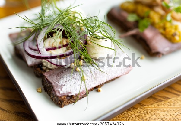 Smorrebrod Sandwich Smorgasbord Buffet Scandinavian Typical Stock Photo ...