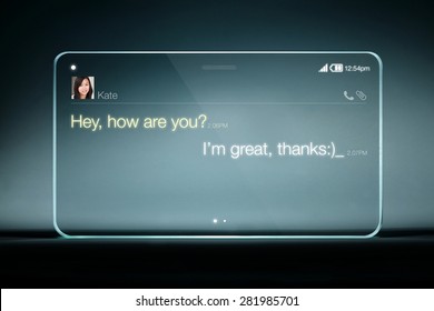 Sms Chat On Transparent Tablet With Blue Background. Instant Messaging Is A Type Of Online Chat Which Offers Real-time Text Transmission Over The Internet.