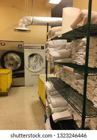 Smyrna, TN, USA March 14, 2018 Large washers and dryers are continuously cleaning sheets, blankets and towels at a hotel in Smyrna, Tennessee