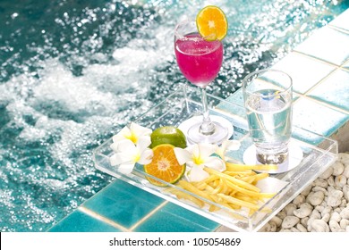 Snack Break, Tray Of Snacks, Fruit Juice And Water By The Pool