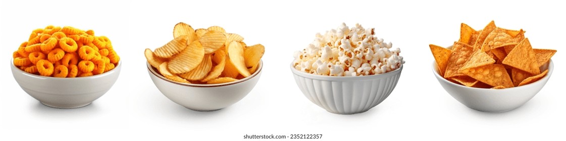 Snack and crisps set. Ring cheese puffs, potato chips, popcorn, nachos, collection set. Chips and snacks in bowl, closeup set.