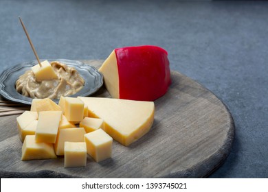 Snack Food, Blocks Of Dutch Red Ball Edam Cheese And Mustard