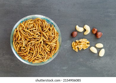 Snack insects. Mealworm larvae as food and variation of nuts. Mealworms crustaceans tenebrio molitor, freeze-dried for snacking. Fried worms. Roasted mealworms. Animal snack concept