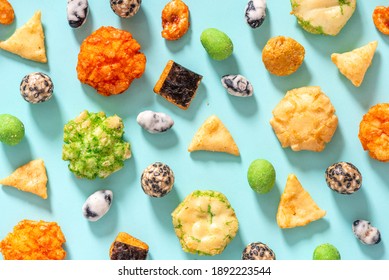 Snack, Japanese, Rice, Cracker, Various, Background, Blue, Top View, Flat Lay, Pattern, Wasabi, Fish, Peanuts, Mix, Close-up, Bowl, Food, Eat, Tasty, Japan, Delicious, Brown, Spicy, Cuisine, White, As