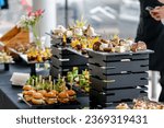 Snacks for the holiday, catering. Various light snacks. Catering plate. Assortment of sandwiches on the buffet table. meat, fish, nuts, cheese, vegetable canapes ofcelebration of important event