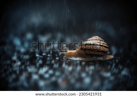 Snail on the road in the rain. Selective focuse and soft bokeh.