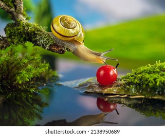 Snail try to reach a fresh red berry