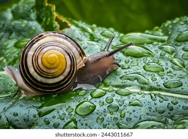 A snail with yellow and brown shell is creeping on the green leaf with a lot of water dew.It seems like the snail is very after the rain in the spring season,it is time to go out to find eating.