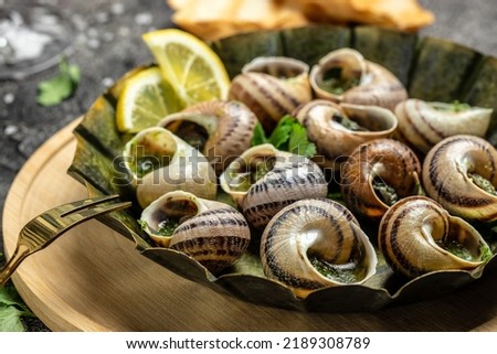 Snails baked with sauce, Bourgogne Escargot Snails. Baked snails with butter and spice. gourmet food. recipe background. Close up.