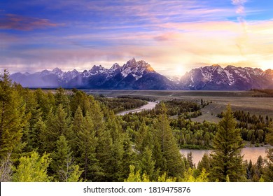 Snake River Overlook In Grand Teton National Park WY USA At Sunset