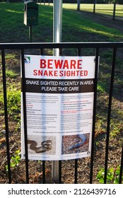 Snake Sighted Sign In A Park In Camden, New South Wales, Australia.