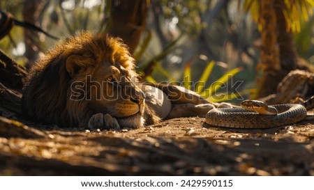 a snake trying to attack the lion and the lion doesn't care about her 